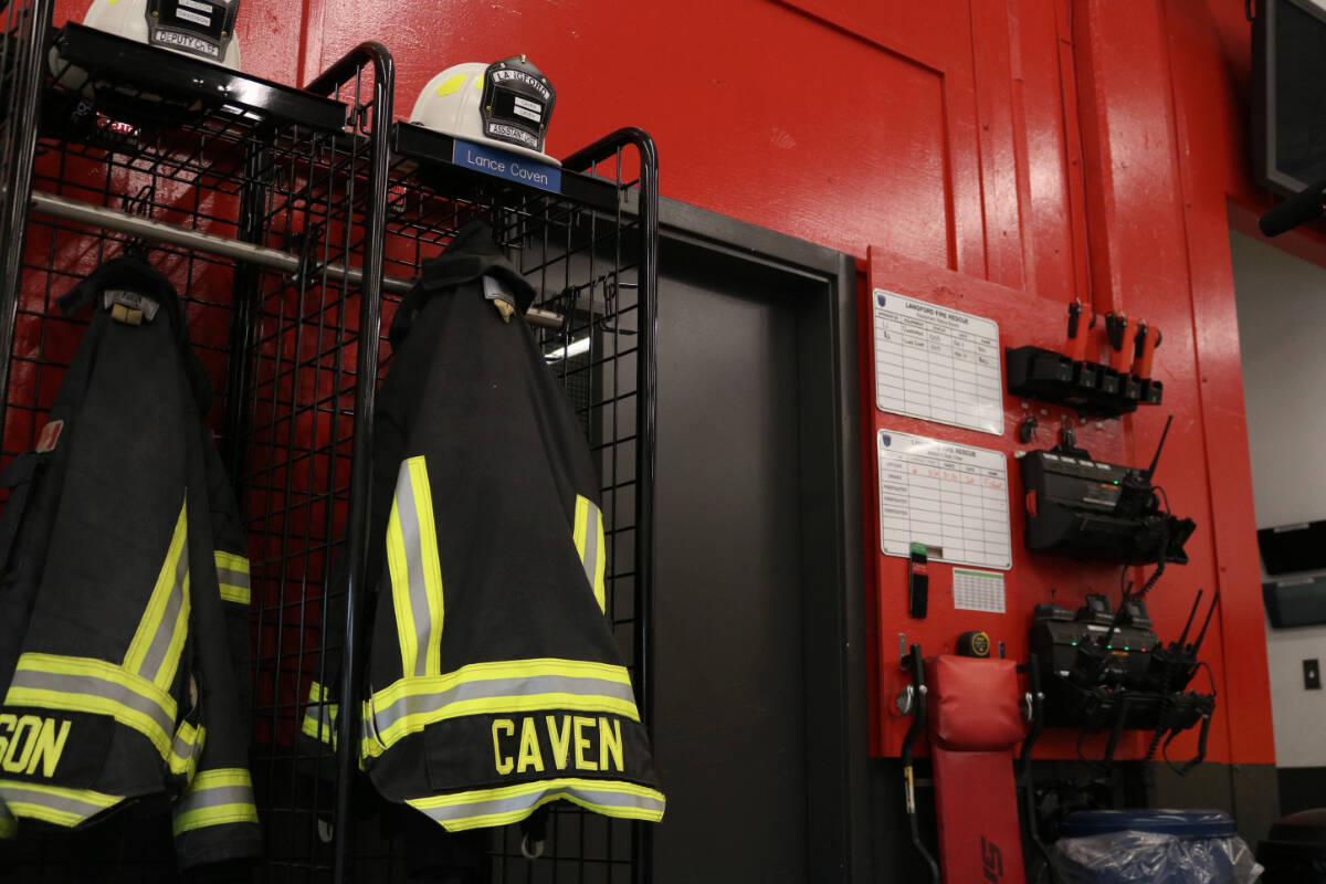 Assistant Chief Lance Caven’s fire gear hanging in Langford Fire Hall #1 on March 21. (Bailey Moreton/News Staff)