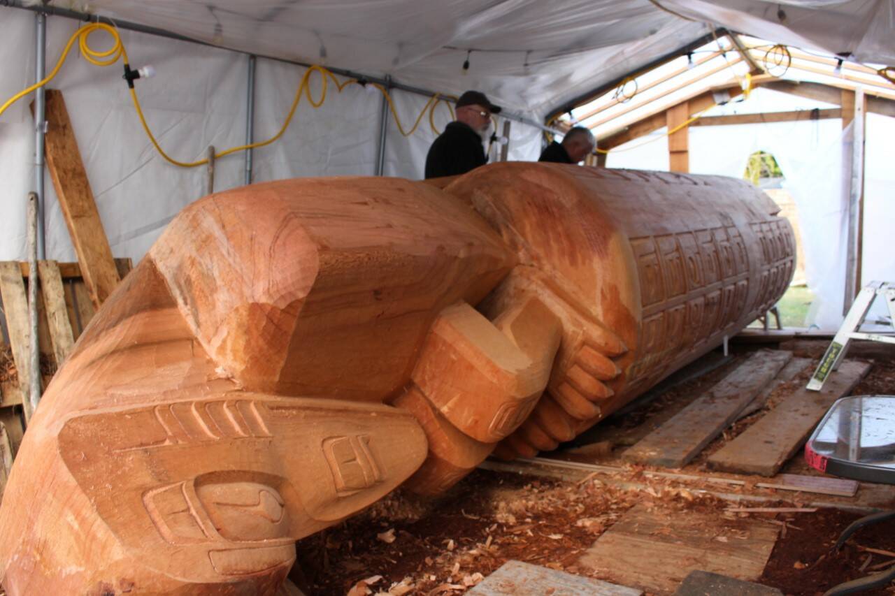 Kwakiutl First Nation master carver Stan Hunt’s 18-foot monument to Indigenous children who were abused and died while attending residential schools is taking shape and nearly ready to be painted. (Megyn Williams photo)