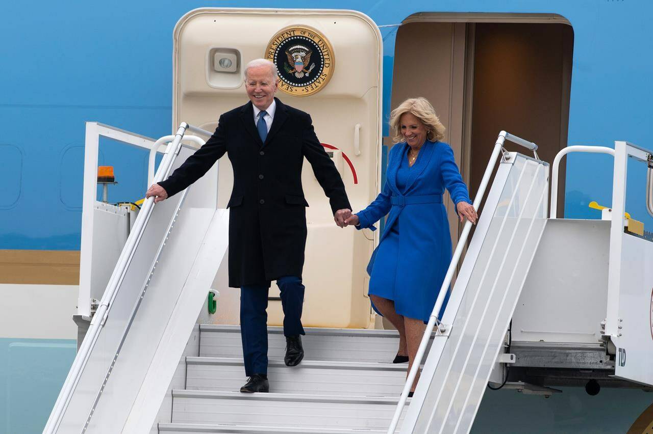 U.S. President Joe Biden and First Lady Jill Biden arrive at Ottawa/Macdonald–Cartier International Airport ahead of an official state visit in Ottawa, Thursday, March 23, 2023. THE CANADIAN PRESS/Spencer Colby