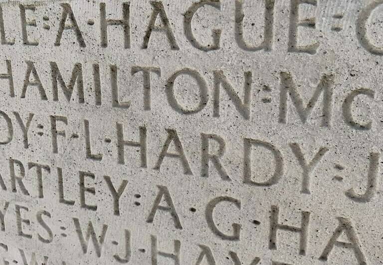 Frederick Lea Hardy’s name carved into the Canadian National Vimy Memorial in France, April 2022 is shown in a handout photo. THE CANADIAN PRESS/HO-Sarah Worthman
