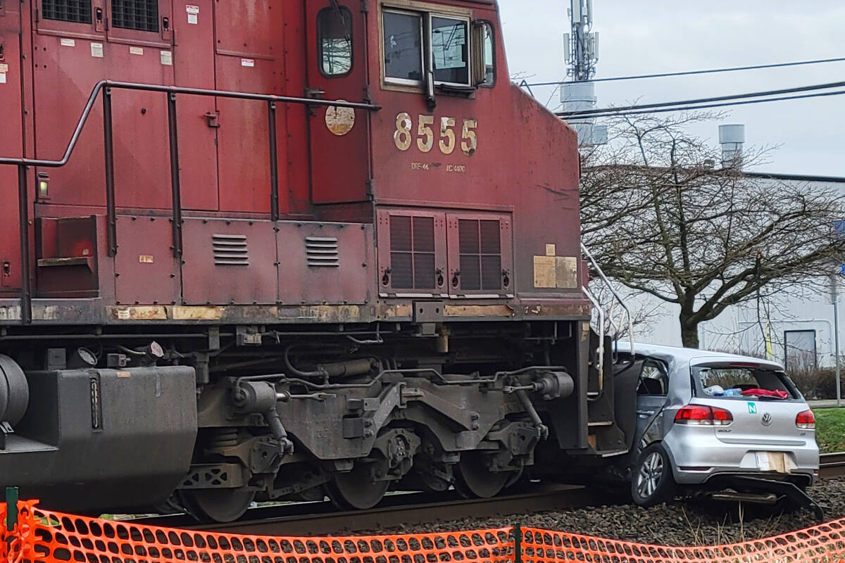 One person is dead after a train hit a car near the 200th Street crossing in Langley City Sunday morning, March 26. (Dan Ferguson/Langley Advance Times)