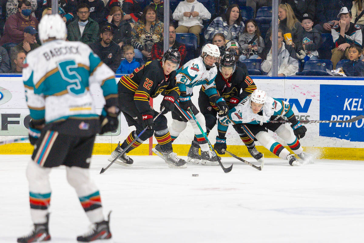 Giants ended their regular season schedule with a close game, but came out on the wrong side of a 5-4 score Saturday night, March 25, in Kelowna. Next, the playoffs. (Steve Dunsmoor/Special to Langley Advance Times)