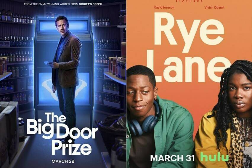 This combination of images shows promotional art for “The Big Door Prize,” premiering March 29 on Apple TV+, from left, “Rye Lane,” a film premiering March 31 on Hulu. (Apple TV+/Hulu/Apple TV+ via AP)