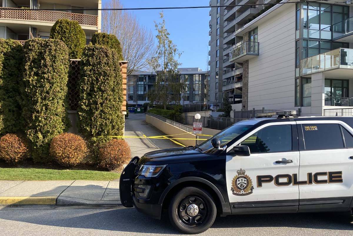 An apartment building in West Vancouver was cordoned off by police following an attack in the parkade that resulted in the a man’s death on Tuesday afternoon. (Mina Kerr-Lazenby, Local Journalism Initiative Reporter)