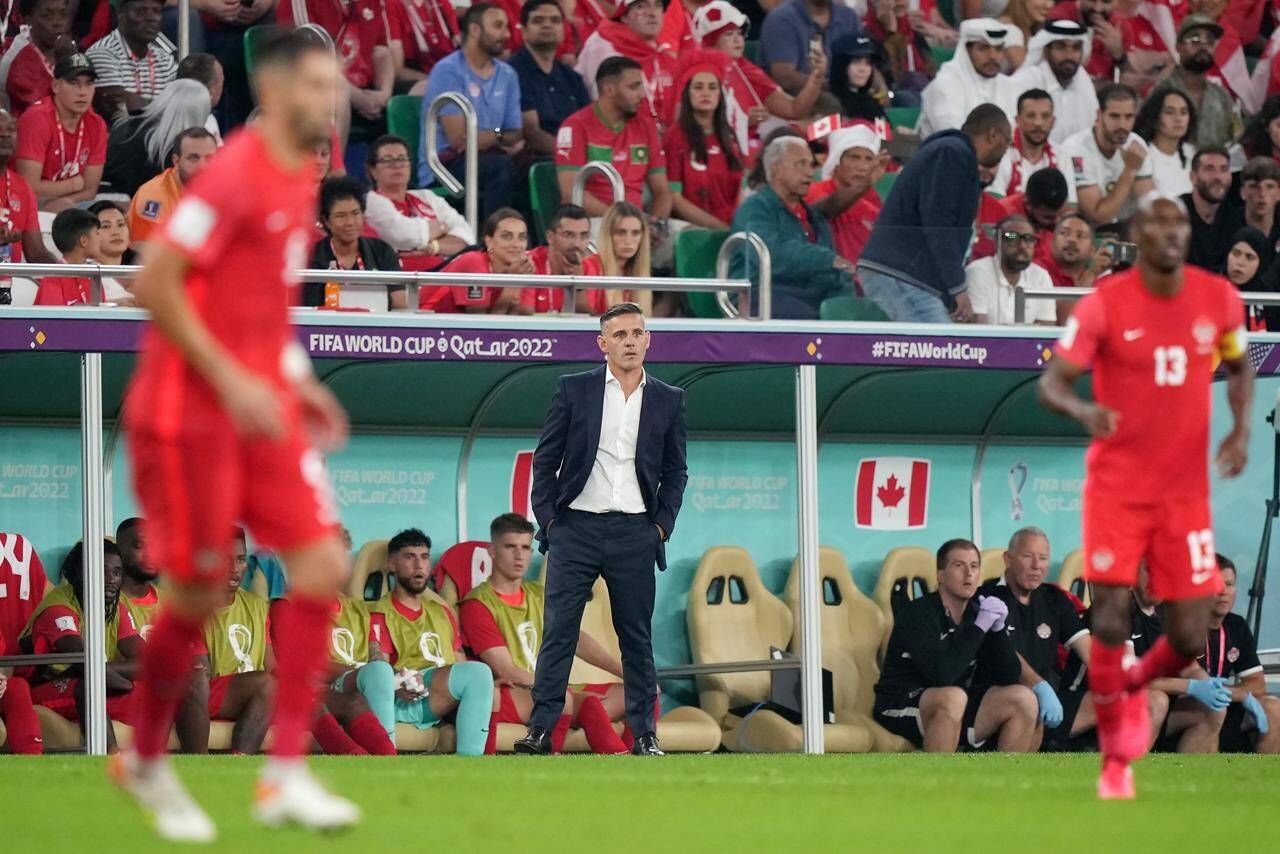 After winning fans at the World Cup, the Canadian men take the first steps toward the 2026 tournament as they return to CONCACAF Nations League play in their first outing since Qatar.  Canada coach John Herdman looks on during second half group F World Cup soccer action against Morocco at the Al Thumama Stadium in Doha, Qatar on Thursday, December 1, 2022. THE CANADIAN PRESS/Nathan Denette