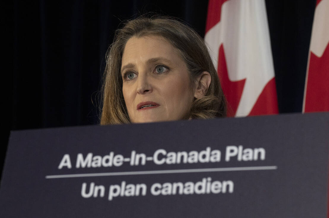 Deputy Prime Minister and Finance Minister Chrystia Freeland speaks during a news conference before delivering the Federal budget, Tuesday, March 28, 2023 in Ottawa. THE CANADIAN PRESS/Adrian Wyld
