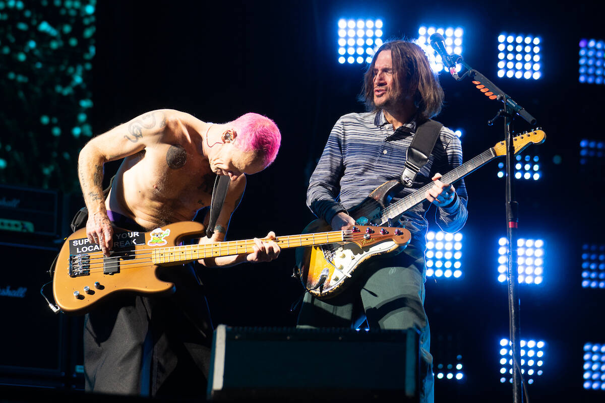 Red Hot Chili Peppers bassist Flea, left, and guitarist John Frusciante at BC Place in Vancouver on Wednesday, March 29, 2023. (Photo: twitter.com/ChiliPeppers)