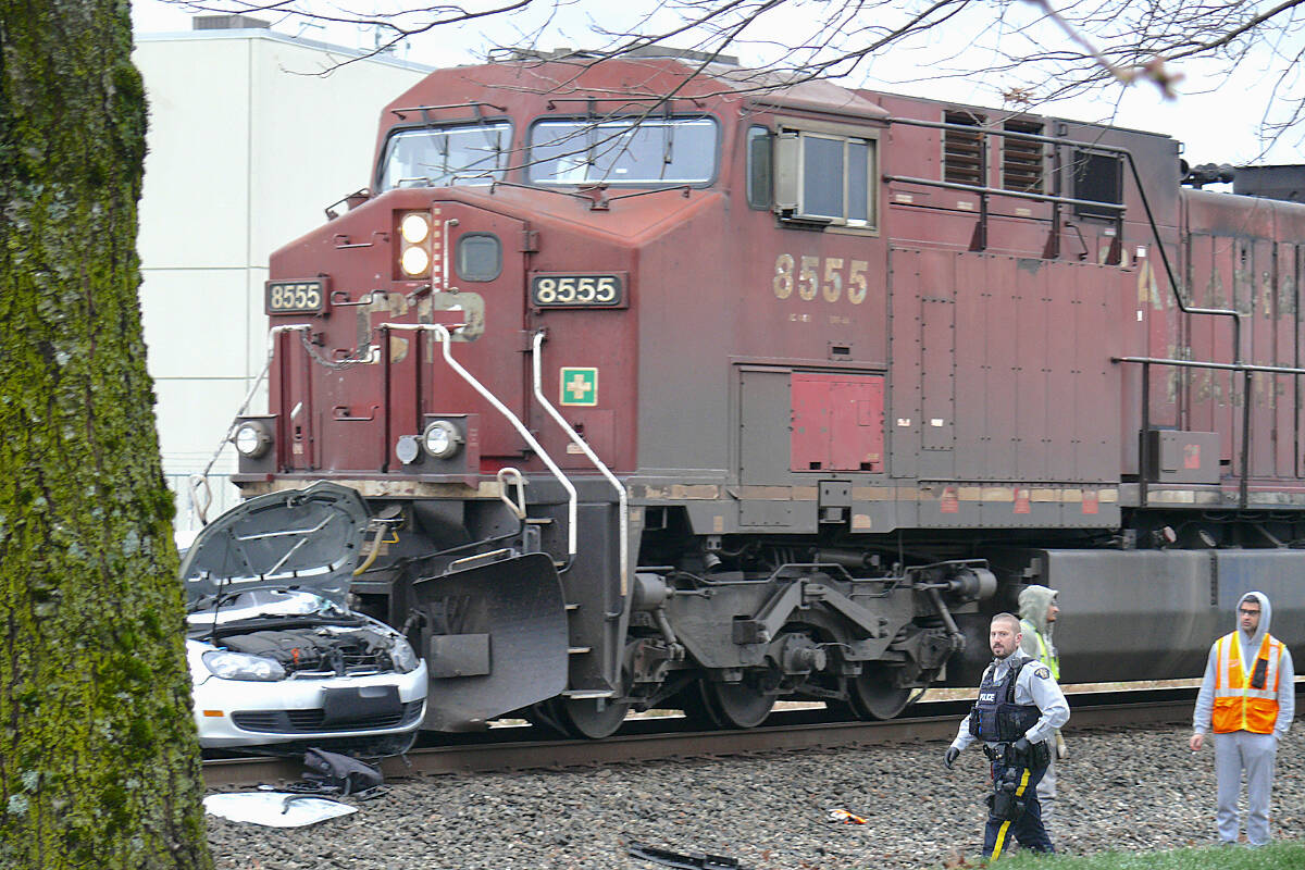 A 24-year-old man has been identified as the person who died when a train hit a car near the 200th Street crossing in Langley City Sunday morning, March 26. (Dan Ferguson/Langley Advance Times)