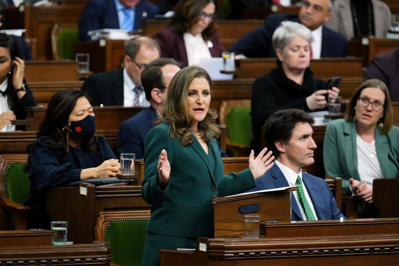 Deputy Prime Minister and Minister of Finance Chrystia Freeland delivers the federal budget in the House of Commons on Parliament Hill in Ottawa, Tuesday, March 28, 2023. The federal Liberals’ latest budget announced new spending primarily on the clean economy and health care, but even with the tighter focus, the federal government is projected to continue running deficits over the next five years. THE CANADIAN PRESS/Sean Kilpatrick