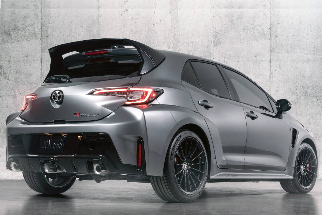 The GR Corolla’s special three-piece muffler with stainless-steel exhaust tips increases flow, which aids efficiency and performance of the 1.6-litre three-cylinder engine. PHOTO: TOYOTA