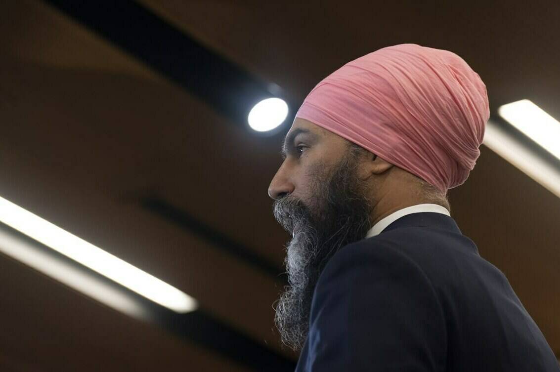New Democratic Party leader Jagmeet Singh speaks before caucus, in Ottawa, Wednesday, March 29, 2023. One of the last outstanding items within the NDP-Liberal deal for this year is getting a pharmacare bill tabled in the House of Commons. THE CANADIAN PRESS/Adrian Wyld