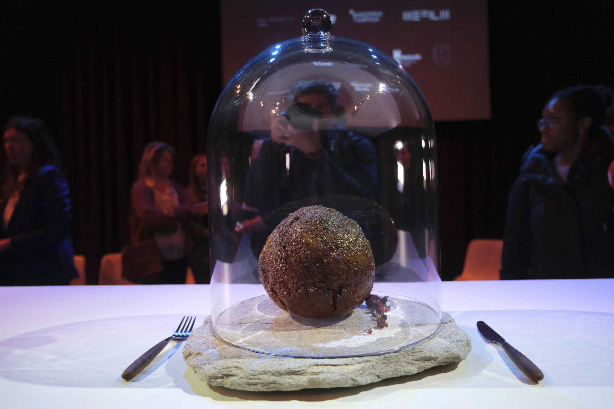 A meatball made using genetic code from the mammoth is seen at the Nemo science museum in Amsterdam, Tuesday March 28, 2023. An Australian company has lifted the glass cloche on a meatball made of lab-grown cultured meat using the genetic sequence from the long-extinct mastodon. The high-tech treat isn’t available to eat yet - the startup says it is meant to fire up public debate about cultivated meat. (AP Photo/Mike Corder)