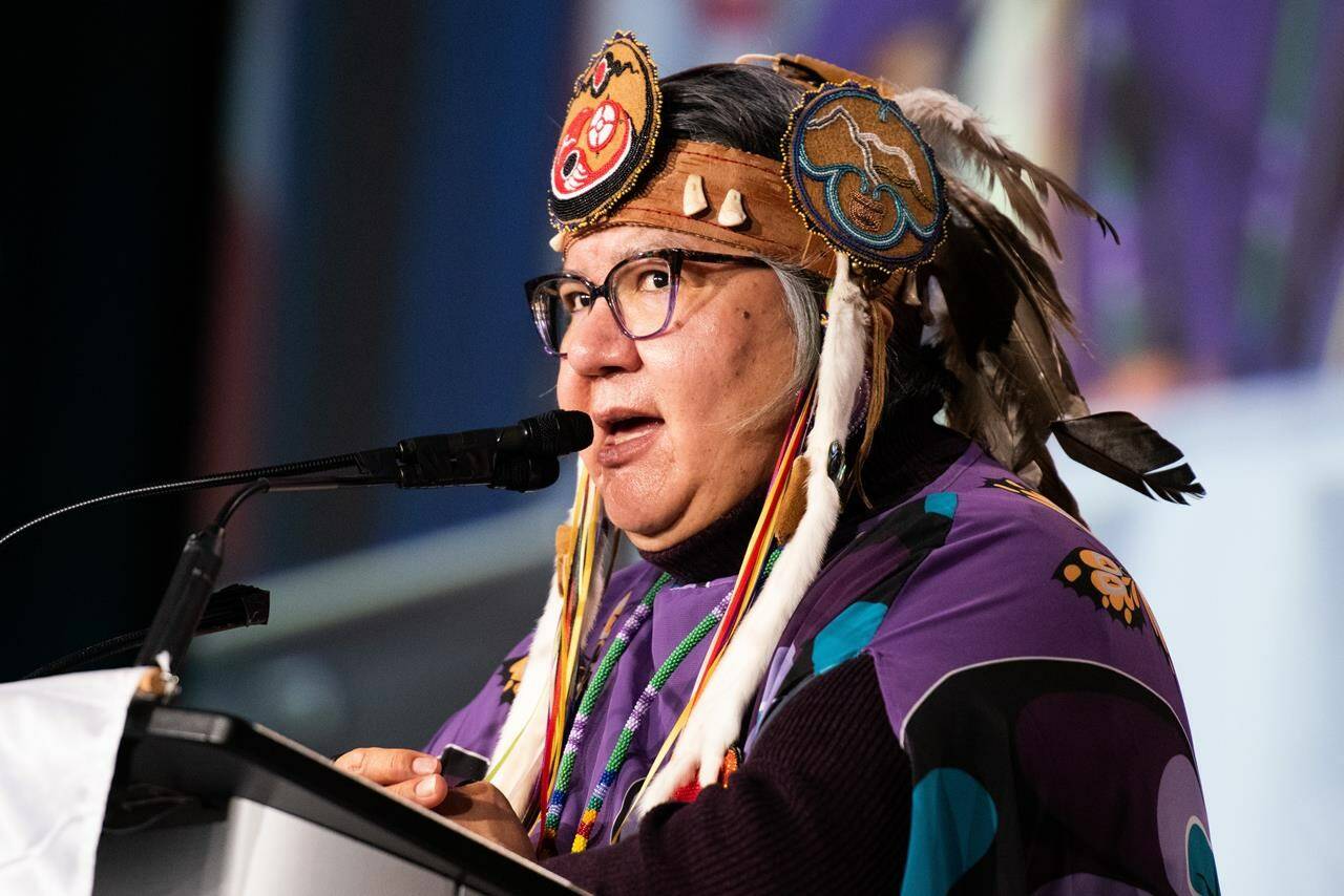 Assembly of First Nations National Chief, RoseAnne Archibald, speaks during her closing address at the Assembly of First Nations Special Chiefs Assembly in Ottawa, Thursday, Dec. 8, 2022. Archibald says advancing economic reconciliation must go hand in hand with helping communities heal from intergenerational trauma. THE CANADIAN PRESS/Spencer Colby