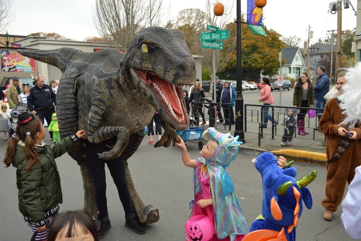 Popular depictions of theropod dinosaurs – like this velociraptor costume pictured during a Halloween event in Oak Bay – could be false according to a new study. (Black Press Media file photo)