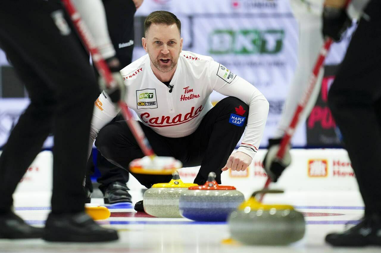 Canadian skip Brad Gushue calls sweep as they play New Zealand at the Men’s World Curling Championship in Ottawa on Sunday, April 2, 2023. Gushue needed only seven ends to complete an 8-2 rout of New Zealand’s Anton Hood on Sunday at the world men’s curling championship. THE CANADIAN PRESS/Sean Kilpatrick