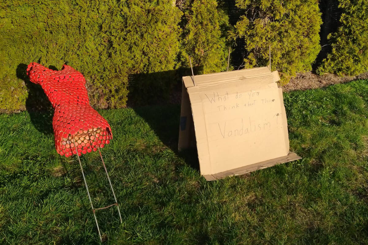 Parksville resident Ed Verreth was disappointed to find his MMIWG monument vandalized the morning of March 30. Verreth’s sign reads, “What do you think about this vandalism?”(Submitted photo)