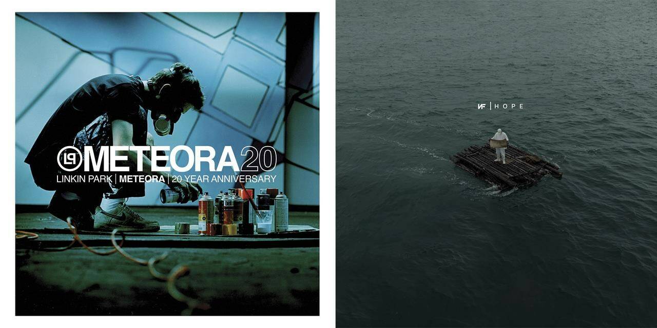 This combination of album art images shows “Meteora” a 20th anniversary edition by Linkin Park, left, and “Hope,” a 13-track album by Michigan rapper NF. (Warner Records via AP, left, and NF Real Music/Virgin Music via AP)
