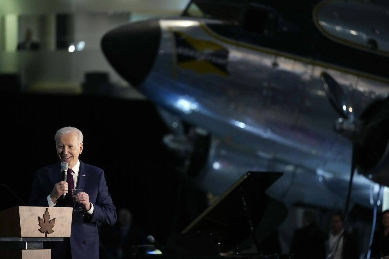 President Joe Biden speaks during a gala dinner at the Canadian Aviation and Space Museum, on Friday, March 24, 2023, in Ottawa. NASA and the Canadian Space Agency will introduce the four astronauts who will steer the next stage of an ambitious plan to establish a long-term presence on the moon. One of them will be Canadian — the first ever to venture beyond Earth’s orbit and around the dark side of the lunar surface. THE CANADIAN PRESS/AP-Andrew Harnik