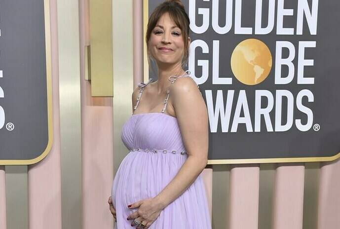 FILE - Kaley Cuoco arrives at the 80th annual Golden Globe Awards at the Beverly Hilton Hotel, Jan. 10, 2023, in Beverly Hills, Calif. Cuoco, star of “The Flight Attendant” and “The Big Bang Theory,” posted to Instagram on Saturday, April 1, 2023, that she and fellow actor Tom Pelphrey now have a daughter named Matilda Carmine Richie Pelphrey. (Photo by Jordan Strauss/Invision/AP, File)