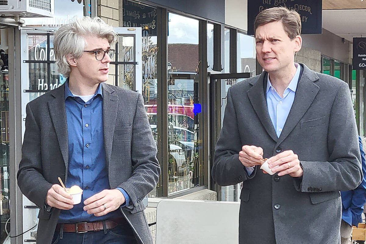 Langley MLA Andrew Mercier and Premier David Eby started their tour of Langley City businesses on Saturday, April 1, by trying some samples at Oxford Ice Cream. (Dan Ferguson/Langley Advance Times)