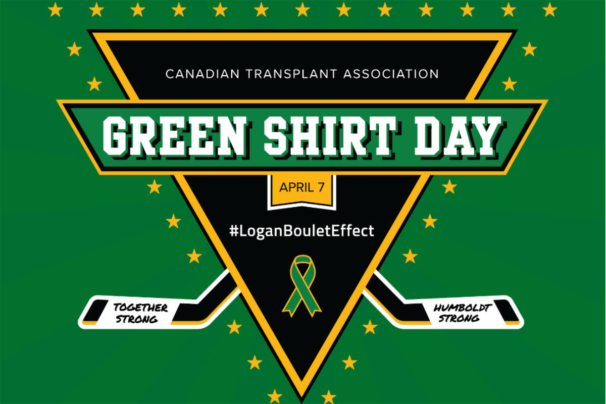 The 2023 logo design for the fifth-annual Green Shirt Day was designed by by Brandy Hehn, a two-time organ transplant recipient. Th shirt features 29 gold stars, one for each of the 16 people killed and for the 13 who were injured. (Image: Green Shirt Day)