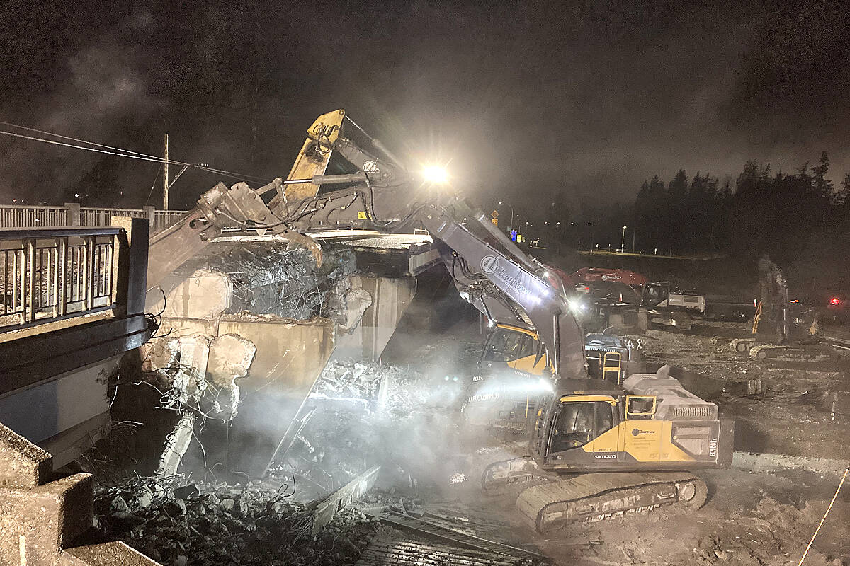 Demolition of the Glover Road crossing in Langley began on Friday night, March 31st and finished on Sunday morning, April 2nd. (Photo courtesy Ministry of Transportation and Infrastructure)