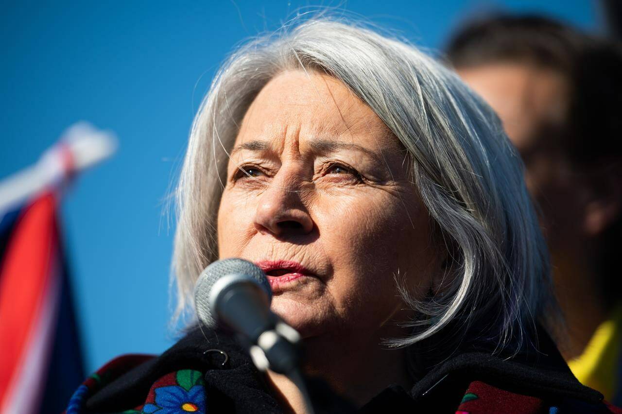 Governor General Mary Simon speaks during an event at the Flora Footbridge in Ottawa, on Monday, Feb. 20, 2023. Assembly of First Nations National Chief RoseAnne Archibald says Simon is working to bring Indigenous leaders together with King Charles to hit restart on their relationship to the Crown. THE CANADIAN PRESS/Spencer Colby