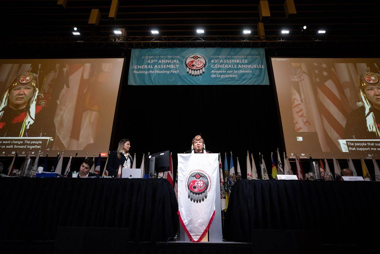 Assembly of First Nations National Chief RoseAnne Archibald speaks during the AFN annual general meeting, in Vancouver, B.C., Tuesday, July 5, 2022. First Nations chiefs have endorsed a revised multi-billion-dollar settlement for children and families harmed by Ottawa’s underfunding of on-reserve child and family services. THE CANADIAN PRESS/Darryl Dyck