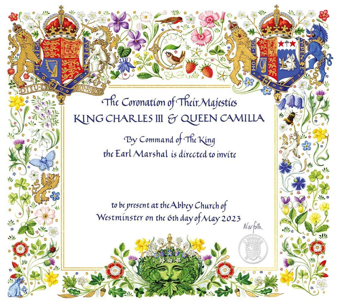 This photo released by Buckingham Palace on Tuesday, April 4, 2023 displays the invitation to the Coronation of Britain’s King Charles III in Westminster Abbey. King Charles III’s wife has been officially identified as Queen Camilla for the first time, with Buckingham Palace using the title on invitations for the monarch’s May 6 coronation. Camilla, who until now has been described as queen consort, is given equal billing on the ornate medieval style invitations that will be sent to more than 2,000 guests and were unveiled on Tuesday. (Buckingham Palace via AP)