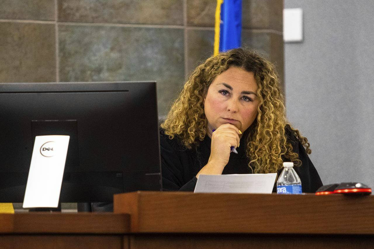 Clark County District Court Judge Carli Kierny listens during a court hearing for Nathan Chasing Horse on Wednesday, April 5, 2023, in Las Vegas. The former “Dances With Wolves” actor accused of sexually abusing Indigenous women and girls in the U.S. and Canada for decades has asked a Nevada judge to toss out a sweeping indictment against him in state court, claiming two women identified as victims in the Las Vegas area wanted to have sex with him. (AP Photo/Ty O’Neil)