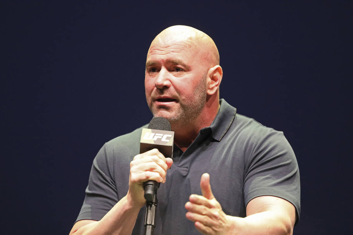 FILE - In this Sept. 19, 2019, file photo, UFC President Dana White speaks at a news conference in New York. .Aurora Cannabis said Tuesday, Sept. 8, 2020, that it is bowing out of a partnership with the UFC. (AP Photo/Gregory Payan, File)