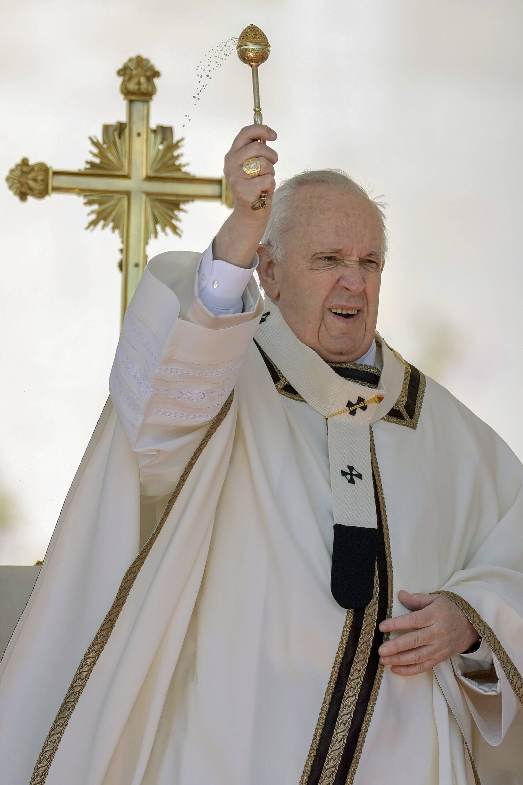 Pope Francis blesses the altar as he arrives to celebrate the Catholic Easter Sunday mass in St. Peter’s Square at the Vatican, Sunday, April 17, 2022. Easter is an important observance in the Christian faith. (AP Photo/Alessandra Tarantino)