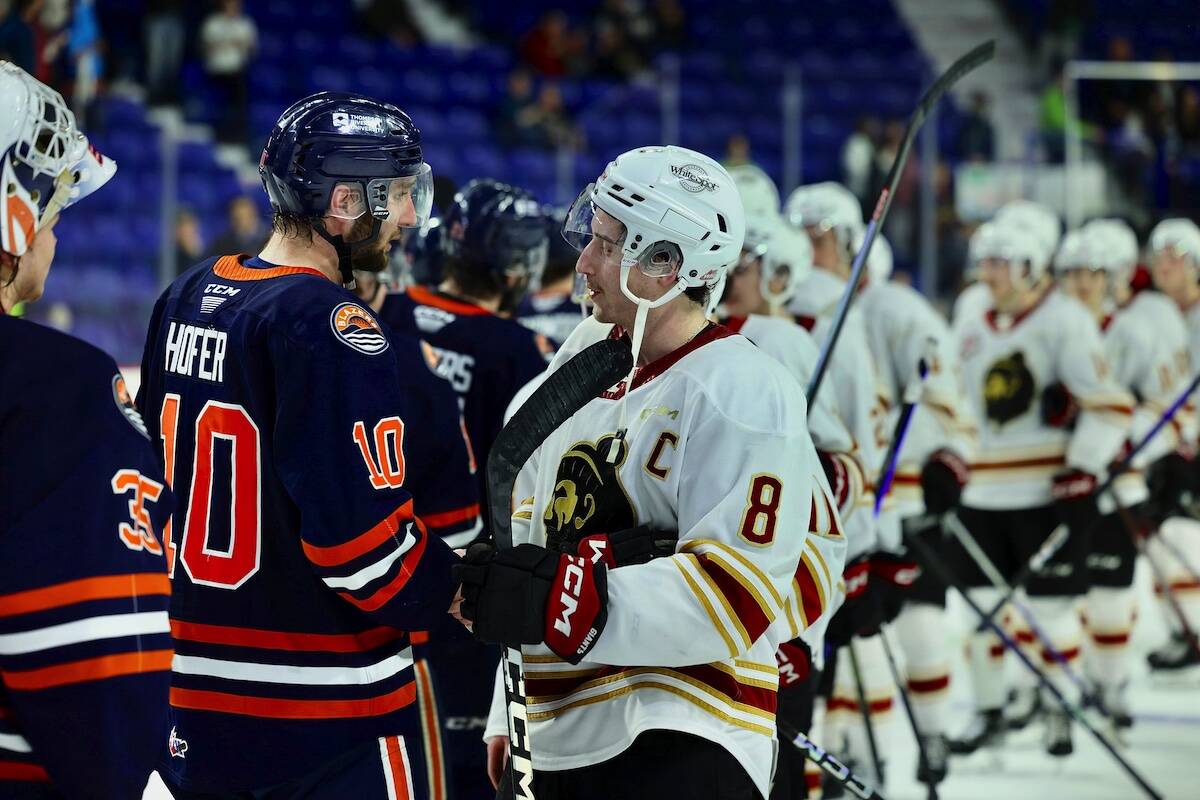 Scoring leaders Ryan Hofer and Ty Thorpe shook hands at the end after the Giants fell to Kamloops Blazers 5-4 in overtime on Thursday night, April 6 at the Langley Events Centre. Blazers swept the best-of-seven series 4-0.(Rob Wilton/Special to Langley Advance Times)