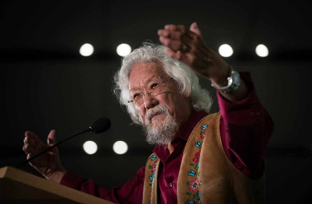 Environmental activist David Suzuki speaks during a rally in Vancouver on Saturday, Oct. 19, 2019. He is hosting his last episode of “The Nature of Things” on Friday. THE CANADIAN PRESS/Darryl Dyck