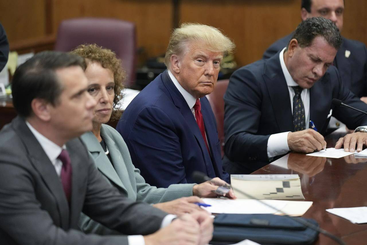 FILE - Former President Donald Trump sits at the defense table with his legal team in a Manhattan court, Tuesday, April 4, 2023, in New York. Trump appeared in court on charges related to falsifying business records in a hush money investigation, the first president ever to be charged with a crime. (AP Photo/Seth Wenig, Pool)