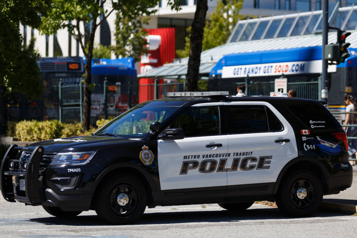 Metro Vancouver Transit Police at Surrey Central Station in Surrey on Saturday, Aug. 6, 2022. Police say a man allegedly assaulted passengers on a Millenium Line SkyTrain in Burnaby in the early hours of April 9, 2023. (File photo by Anna Burns/Surrey Now-Leader)