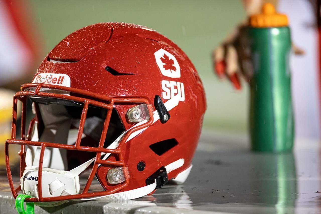 A Simon Fraser University football helmet is shown in a handout photo. The Simon Fraser University Football Alumni Society will be filing an injunction against the school to reinstate its football program. Last week, the school ceased the program amid concerns it would have nowhere to play after the 2023 season. THE CANADIAN PRESS/HO/Simon Fraser University **MANDATORY CREDIT**