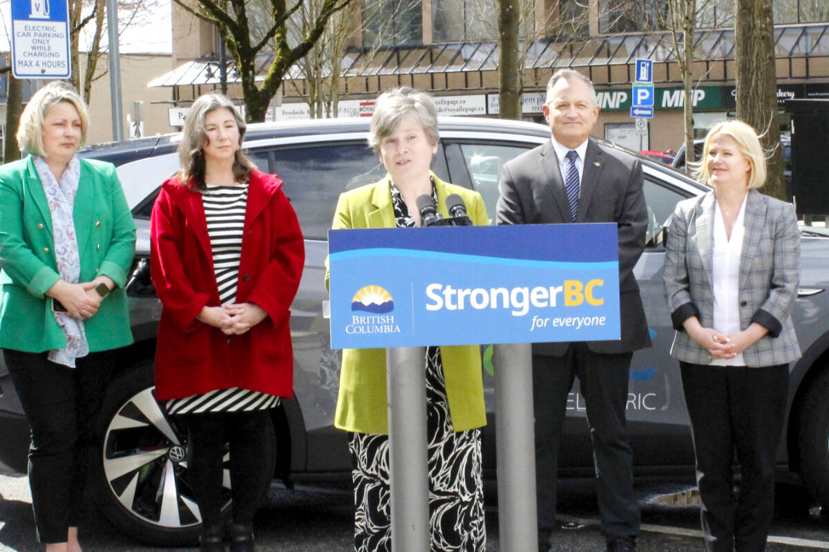 (L-R) Coun. Korleen Carreras, Coun. Sunny Schiller, energy minister Josie Osborne, MLA Bob D’Eith, and MLA Lisa Beare, all helped announce $26 million in new funding to help B.C. increase its number of EV charging stations. (Brandon Tucker/The News)