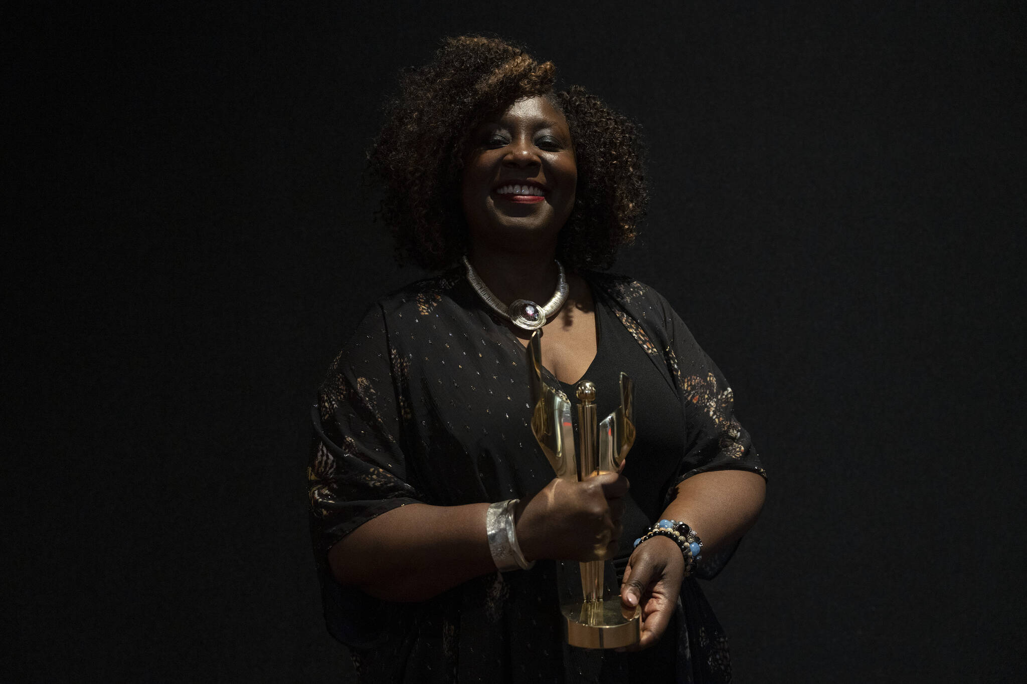 Jennifer Holness holds her award for “Best Direction in a Documentary Series” for her work on “BLK: An Origin Story” at the News, Documentary and Factual Awards evening at the Canadian Screen Awards, in Toronto, on Tuesday, April 11, 2023. THE CANADIAN PRESS/Chris Young