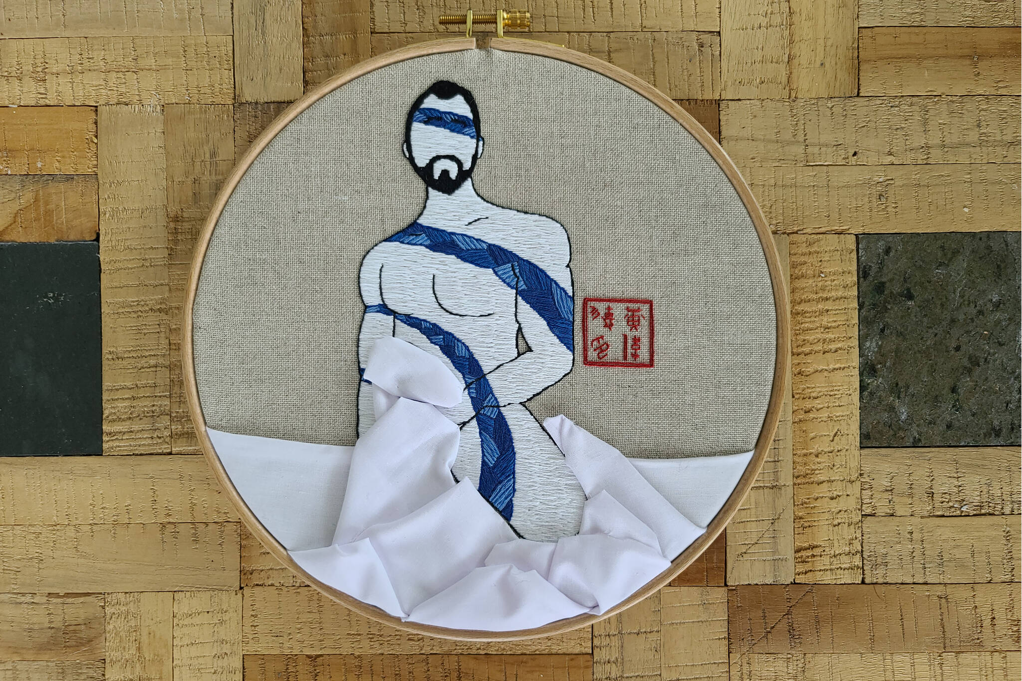 “Sweetgrass Porcelain” is a hand embroidery and linen on natural linen by ‘EMW’. The artwork is featured in the “By Us, For Us” report on sex workers in the Lower Mainland that was released April 12 2023. (Submitted photo)