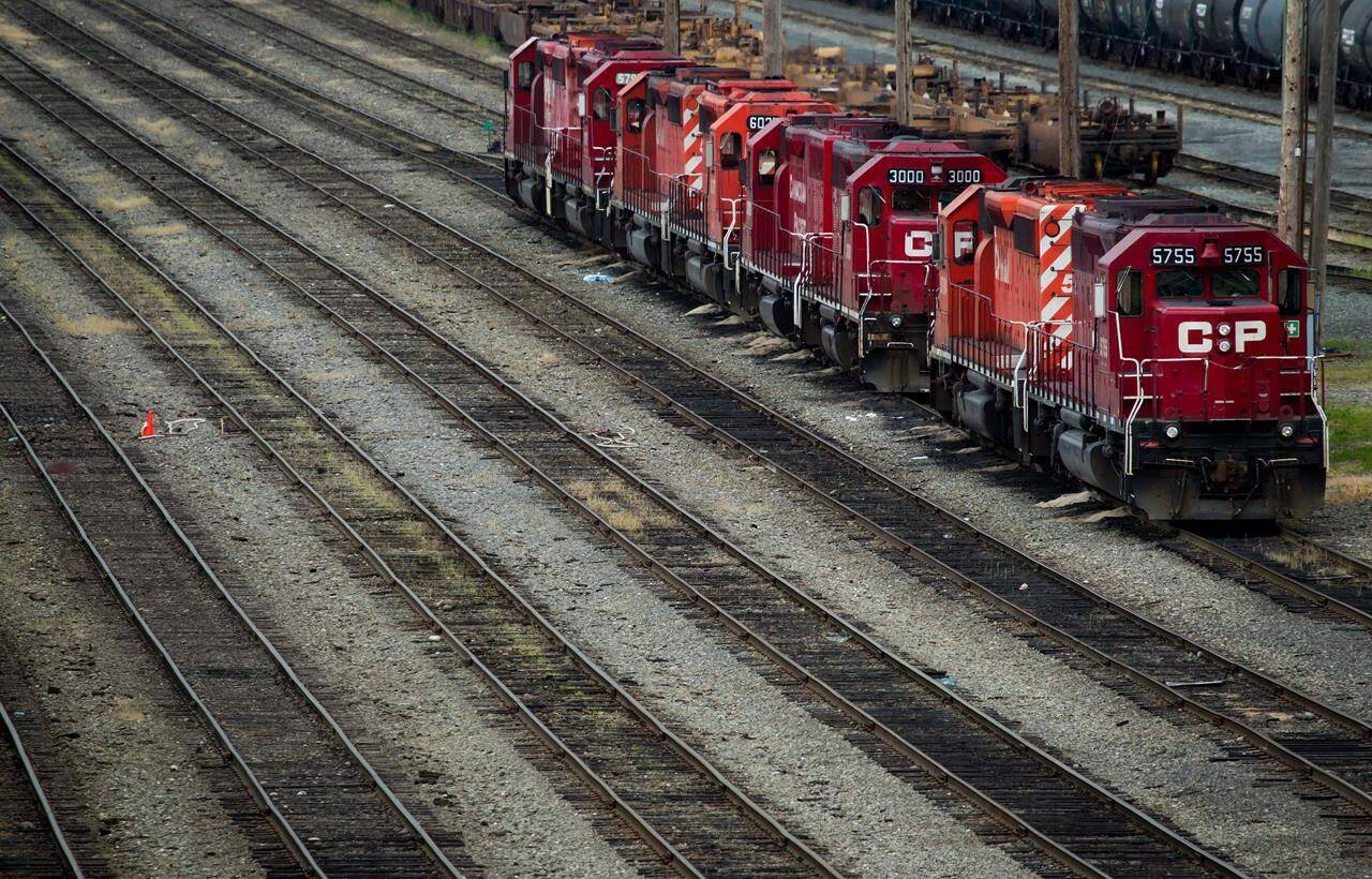 FILE - The Transportation Safety Board of Canada is investigating a train derailment at the Canadian Pacific Railway Coquitlam Yard April 12, 2023. CP locomotives are shown at the company’s Coquitlam Yard east of Vancouver, B.C., on May 23, 2012. (THE CANADIAN PRESS/Darryl Dyck)