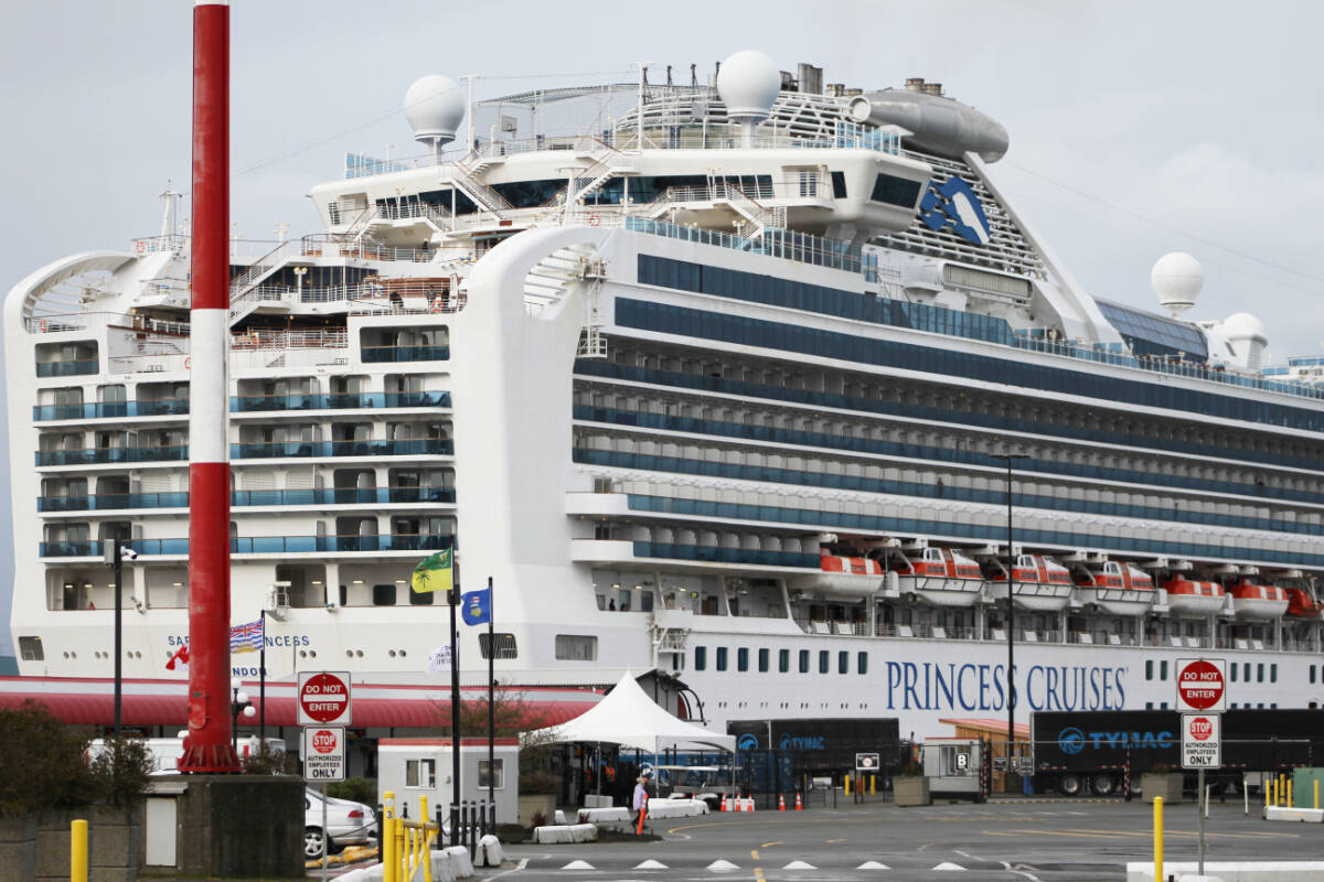 The 209-metre Sapphire Princess, operated by Princess Cruise Lines, docks at Ogden Point April 11, 2023. The cruise ship then travelled to Vancouver April 12 for the Port of Vancouver’s first cruise ship visit of the 2023 season. (Austin Westphal/News Staff)