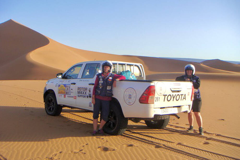 Myra Van Otterloo, a helicopter pilot from Nanaimo, left, and Jessa Arcuri, a school vice-principal from Penticton, have become the first B.C. team to compete in the Rallye Aïcha des Gazelles du Maroc – a nine-day, 2,500-kilometre rally across the Moroccan desert. (Photo submitted)