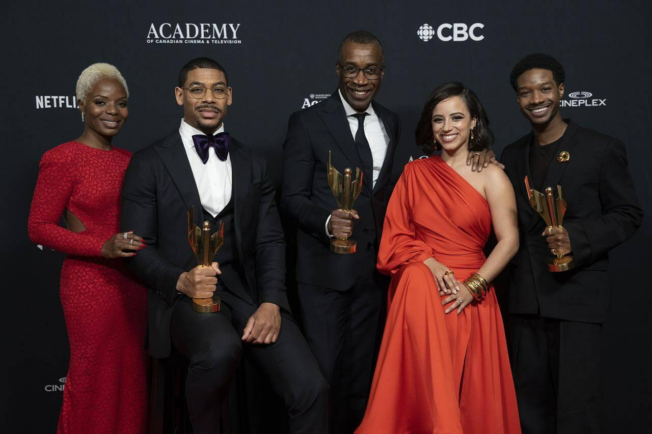 Marsha Stephanie Blake, left to right, Aaron Pierre, Clement Virgo, Kiana Madeira and Lamar Johnson all from the movie “Brother” pose for a photo at the Cinematic Arts Awards evening at the Canadian Screen Awards, in Toronto, on Thursday, April 13, 2023. THE CANADIAN PRESS/Chris Young