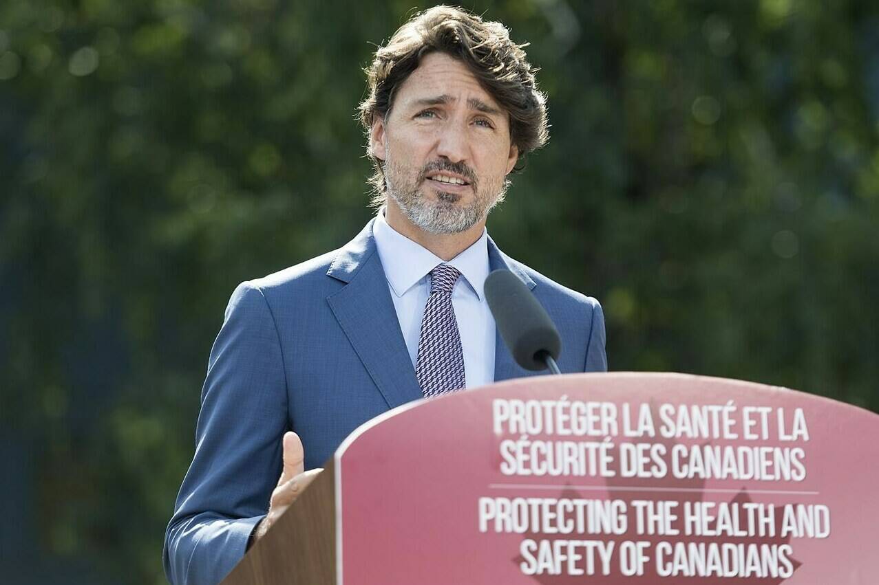 Prime Minister Justin Trudeau speaks to reporters during a news conference following a visit to the National Research Council of Canada (NRC) Royalmount Human Health Therapeutics Research Centre facility in Montreal, Monday, August 31, 2020. Trudeau promised that Canada’s National Research Council would be able to start churning out millions of doses of COVID-19 vaccine by the end of 2021, but as of April 2023, that hasn’t happened. THE CANADIAN PRESS/Graham Hughes