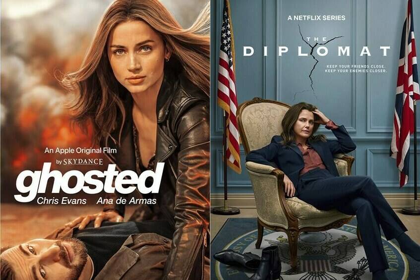 This combination of images shows promotional art for “Ghosted,” a film premiering April 21 on Apple TV+, and “The Diplomat,” a series premiering April 20 on Netflix. (Peacock/Apple TV+/Netflix via AP)