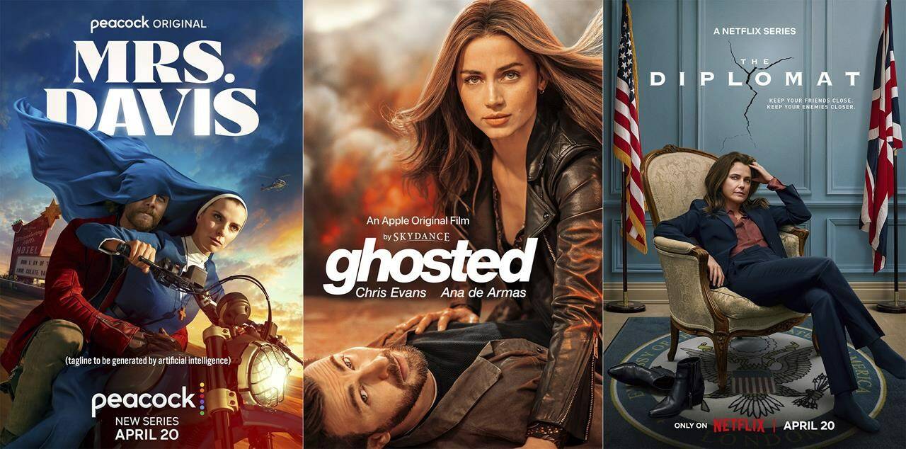 This combination of images shows promotional art for “Mrs. Davis,” a series premiering April 20 on Peacock, left, “Ghosted,” a film premiering April 21 on Apple TV+, venter, and “The Diplomat,” a series premiering April 20 on Netflix. (Peacock/Apple TV+/Netflix via AP)