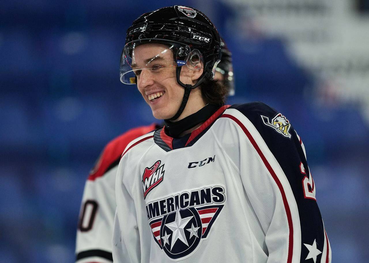 Tri-City Americans’ Lukas Dragicevic smiles during on-ice testing ahead of the CHL/NHL Top Prospects game in Langley, B.C. on Tuesday, January 24, 2023.Hockey Canada has announced its roster for the upcoming 2023 men’s under-18 world championship.	THE CANADIAN PRESS/Darryl Dyck