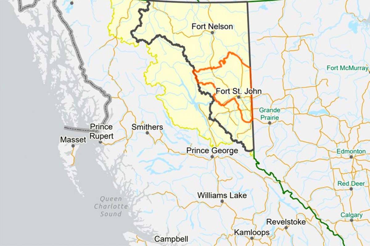 The province and four First Nations located in the area subject to Treaty 8 announced Friday a consensus document spelling out various initiatives to address the effects of industrial development stemming from oil and gas exploration. The orange-bounded area show the area deemed important by Blueberry River First Nation. It and the provincial government Wednesday announced a historic agreement for a land-management approach. (Screencap)