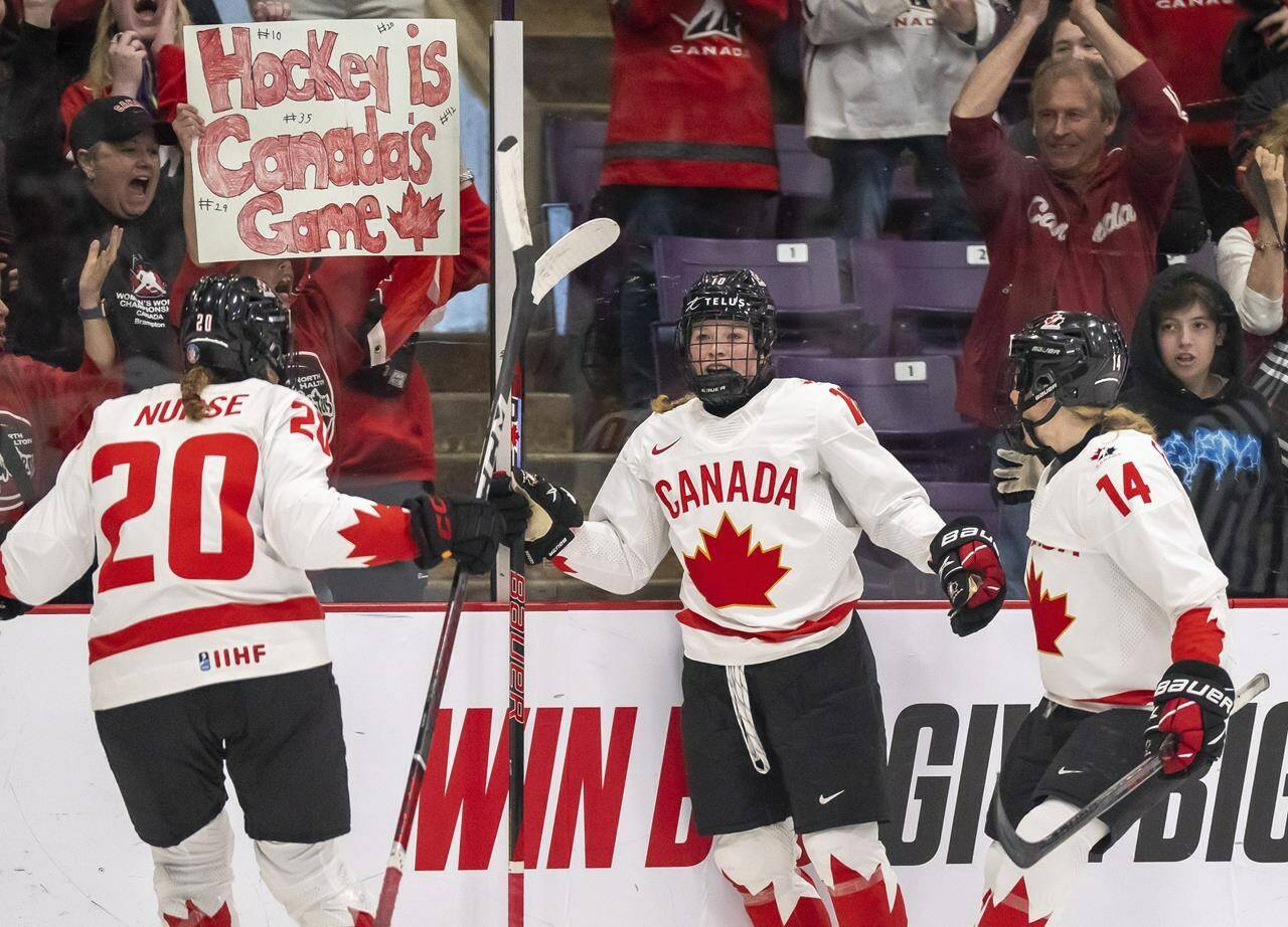 Canada forward Sarah Fillier (10) is congratulated by teammates forward Sarah Nurse (20) and defender Renata Fast (14) after scoring on Switzerland during second period IIHF Women’s World Hockey Championship semi-final hockey action in Brampton, Ont., on Saturday April 15, 2023. THE CANADIAN PRESS/Frank Gunn